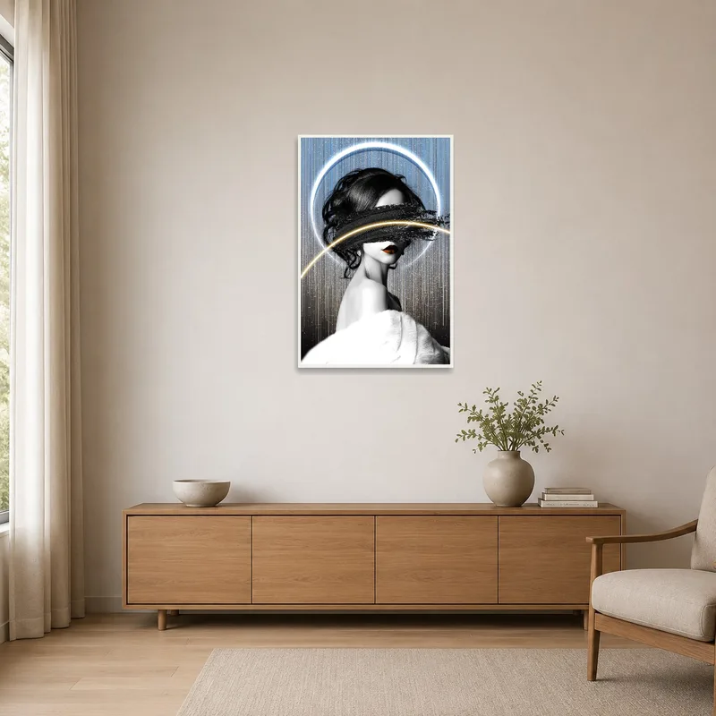Abstract portrait with galactic motifs adorning a minimalist room with sleek furniture.