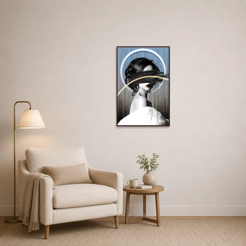 Abstract portrait of galactic theme near a cozy reading corner's armchair and bookshelf.