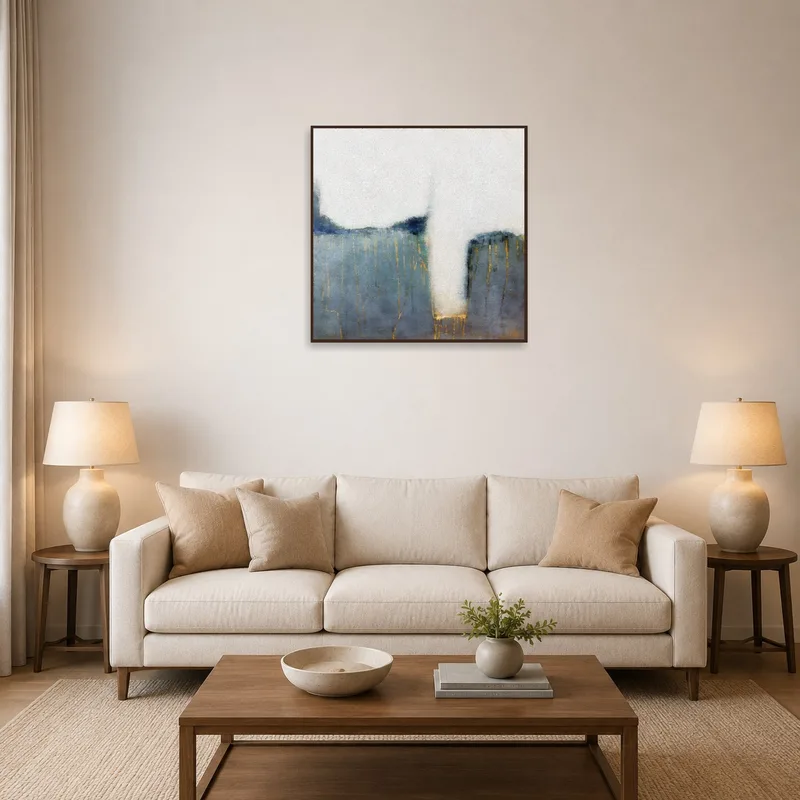 Abstract serenity artwork with blue and gold tones hanging in a cozy living room.