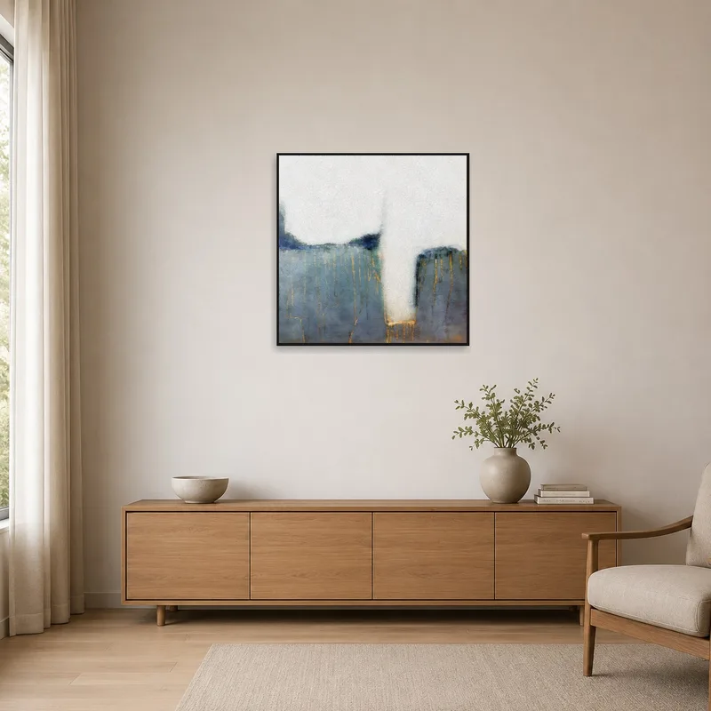 Blue and gold abstract piece on a white wall in a minimalist setting.