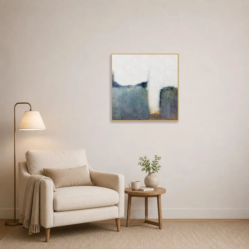 Serene abstract blue and gold design adorning a reading corner.