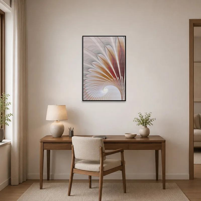 Abstract spiral artwork adds warmth to a modern home office.