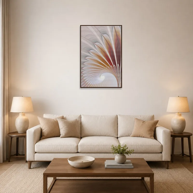 Abstract spiral art with warm tones in a cozy living room setting.