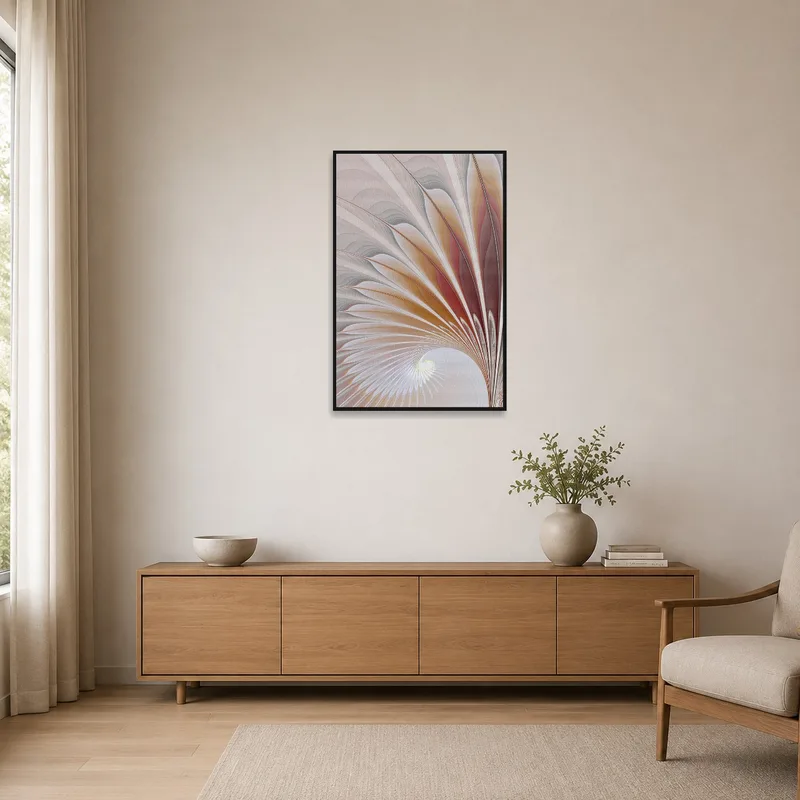 Warm-toned abstract spiral against a minimalist white wall.