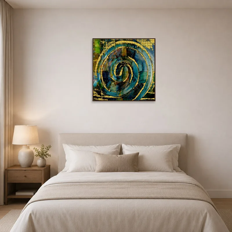 Abstract spiral with gold accents brings sophistication to a bedroom.