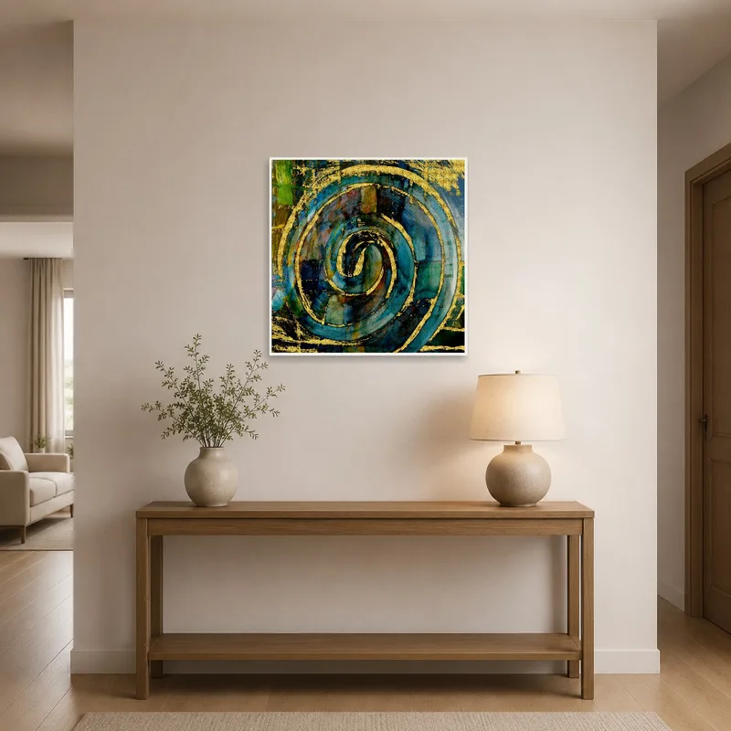 Abstract spiral art welcomes guests in an entrance hall.