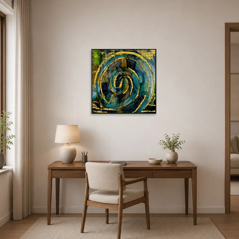 Inspirational abstract spiral enhances a productive home office.