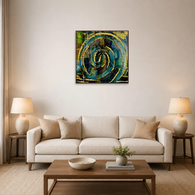 Abstract spiral with gold accents adds flair to a modern living room.