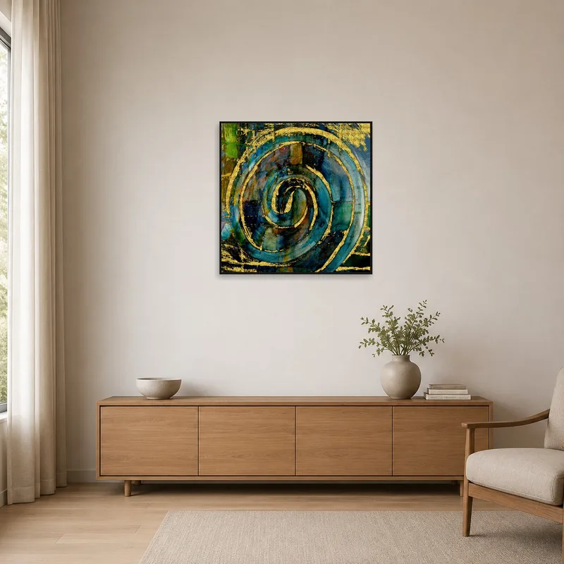 Elegant abstract spiral complements a minimalist space beautifully.