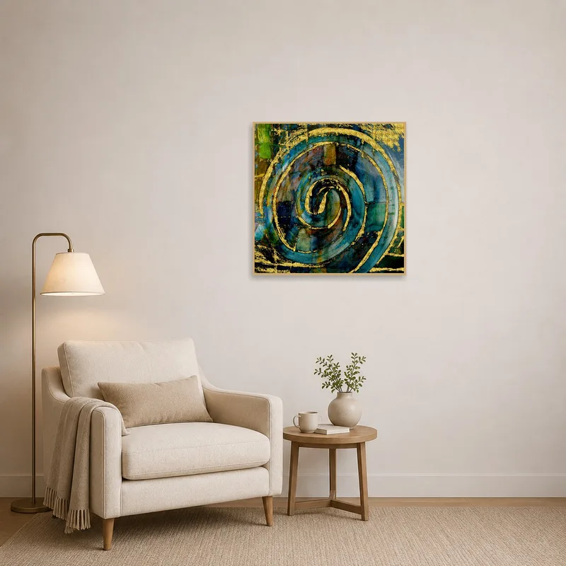 Stylish abstract spiral enhances a cozy reading corner.