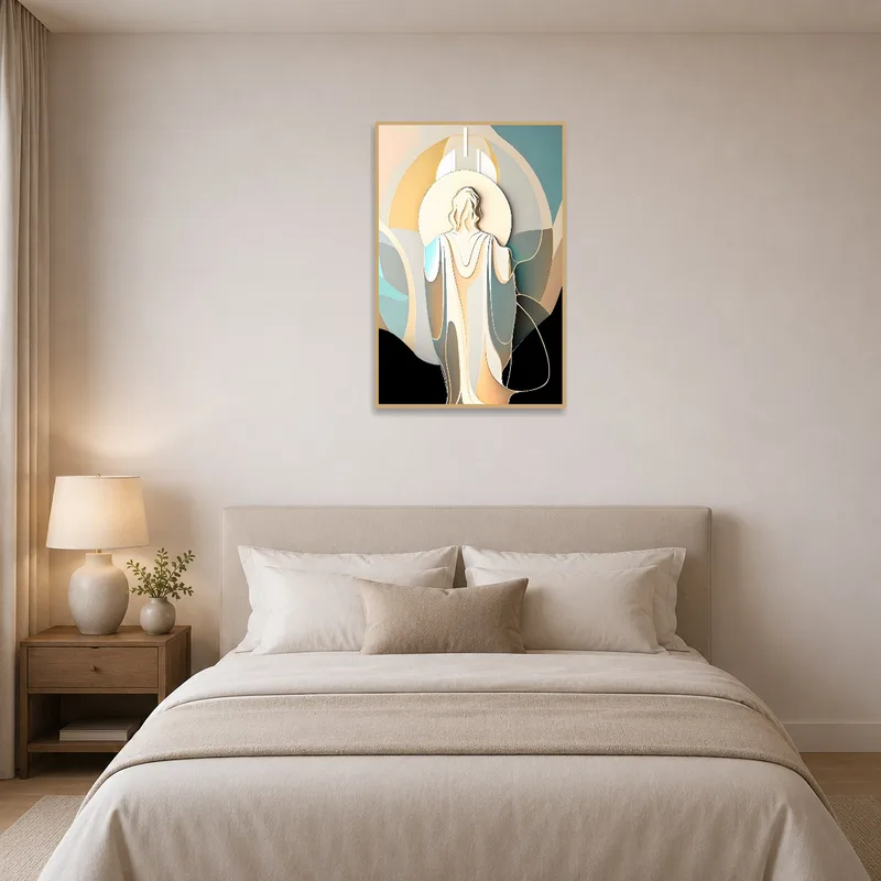 Spiritual figure art enhancing the calm ambiance of a bedroom with soft lighting.