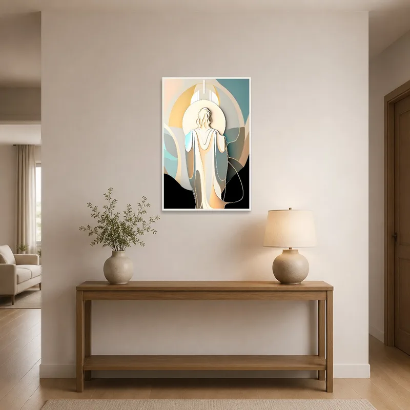 Spiritual figure art illuminating an entrance hall with a welcoming aura.