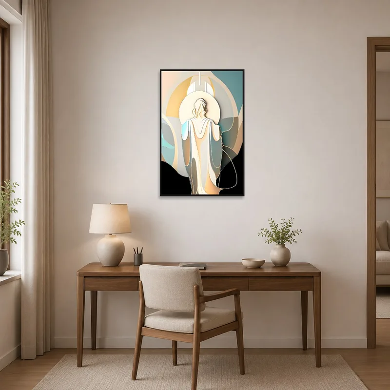 Abstract figure art inspiring creativity in a home office with modern decor.