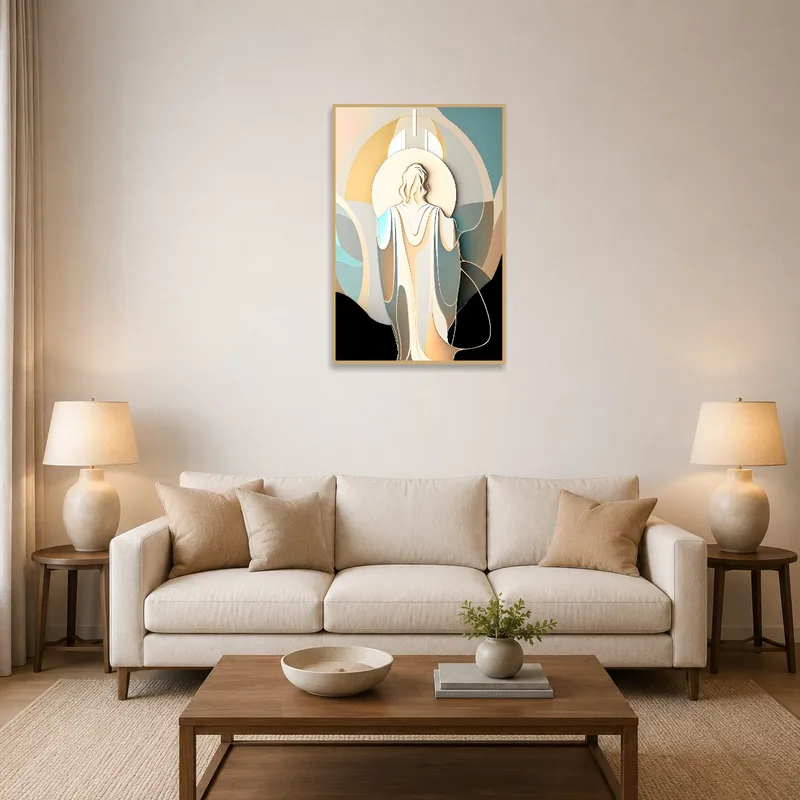 Abstract spiritual figure art in a living room with a cozy sofa and warm lighting.