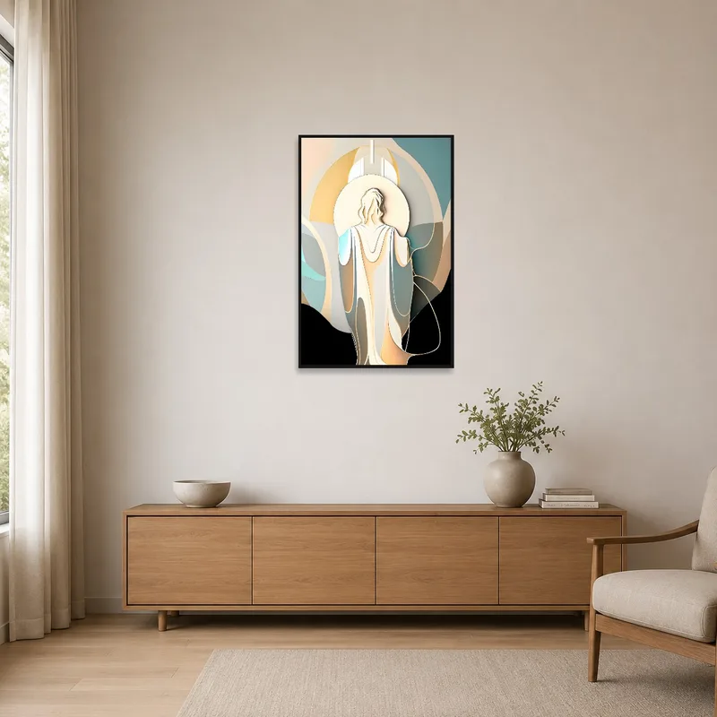 Abstract spiritual art against a minimalist white wall with a few simple furnishings.