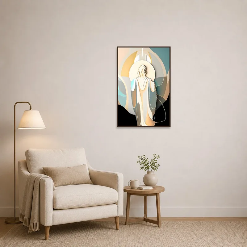 Abstract art adding a touch of spirituality to a reading corner with a comfy chair.