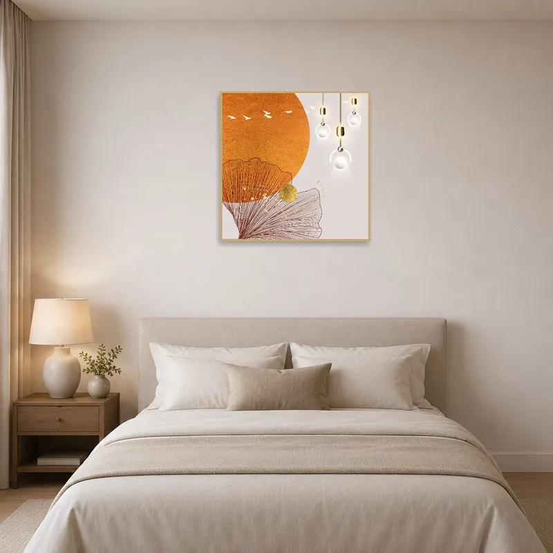 Nature-inspired art creating serenity in a bedroom.