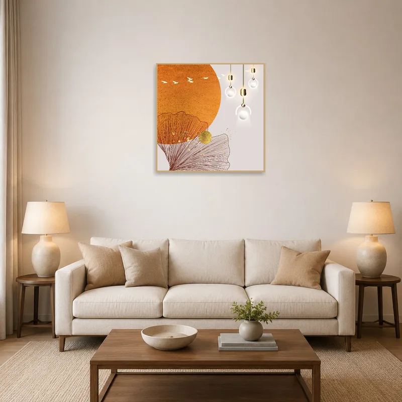 Abstract Sun print enhancing a cozy living room setup.