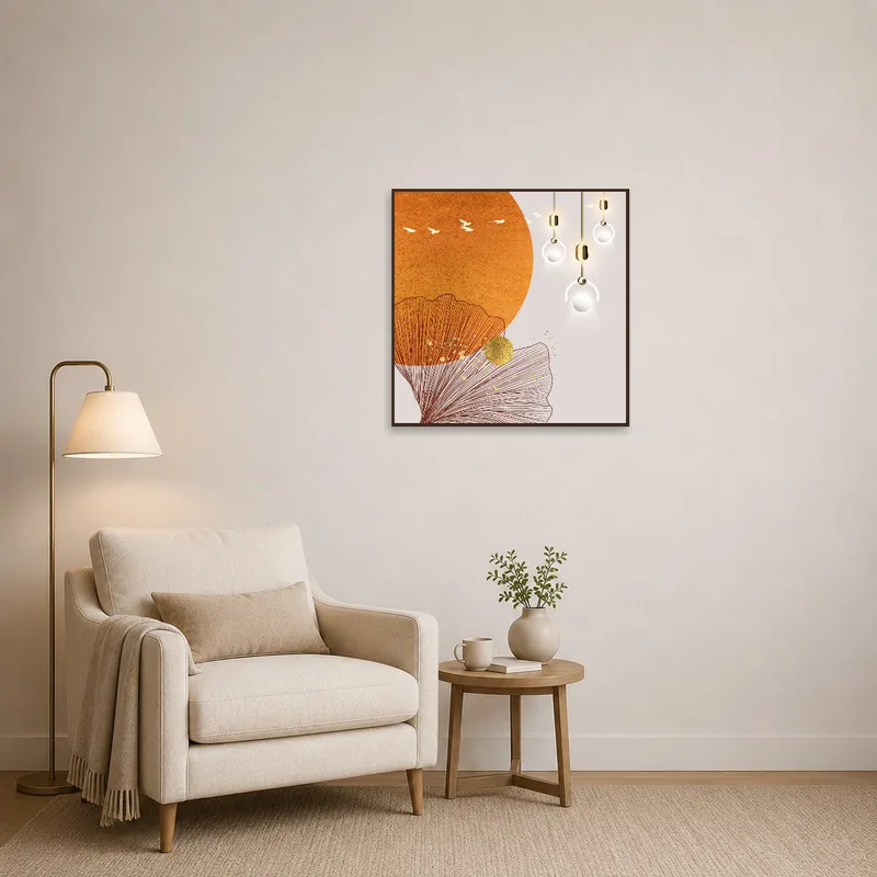 Sun motif print adding warmth to a reading corner.
