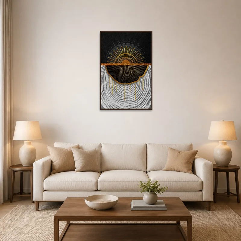Abstract sunburst art print adds a vibrant touch to the living room wall.