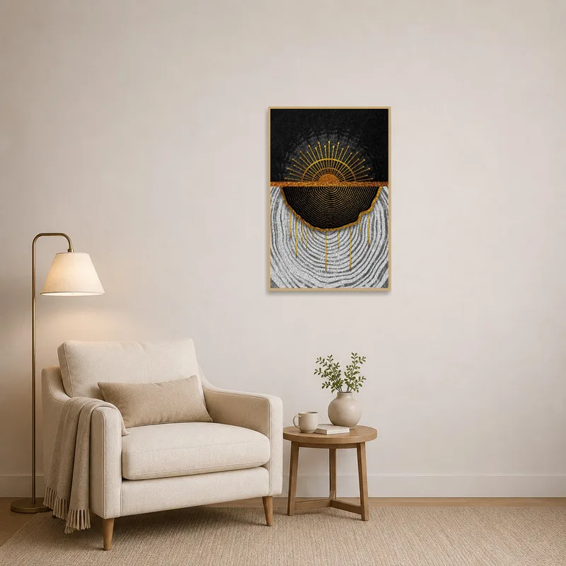 Reading corner adorned with an abstract sunburst print for a splash of color.