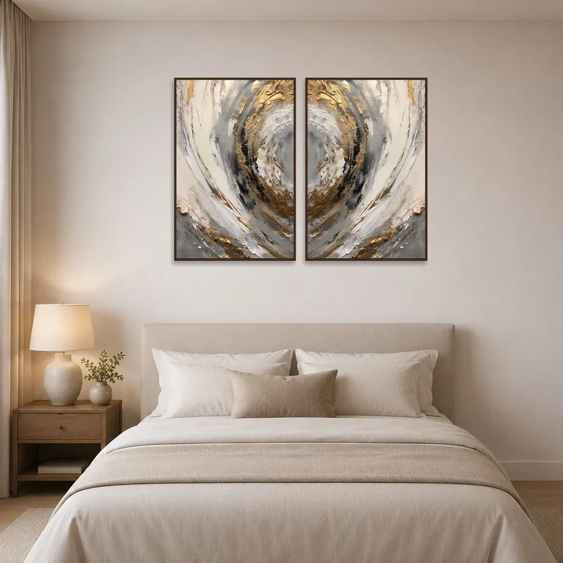 Bedroom wall adorned with Abstract Swirl Dual Piece with Gold Accents above a wooden headboard.