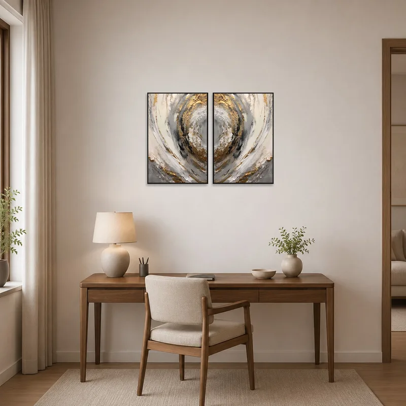Home office showcasing Abstract Swirl Dual Piece with Gold Accents on a wall above a stylish desk.