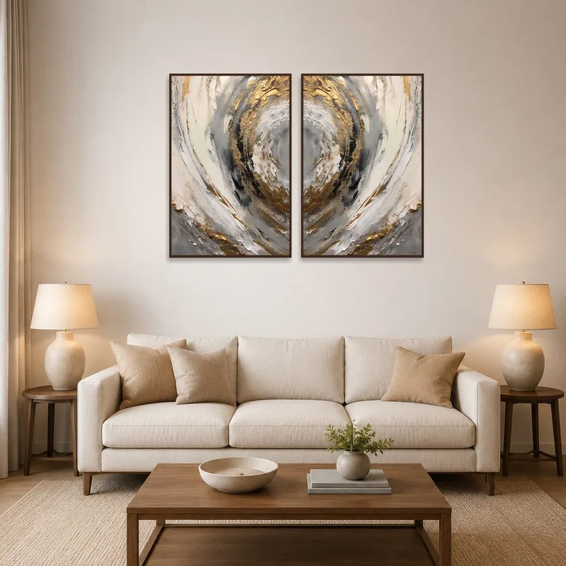 Abstract Swirl Dual Piece with Gold Accents on a living room wall above a modern grey sofa.