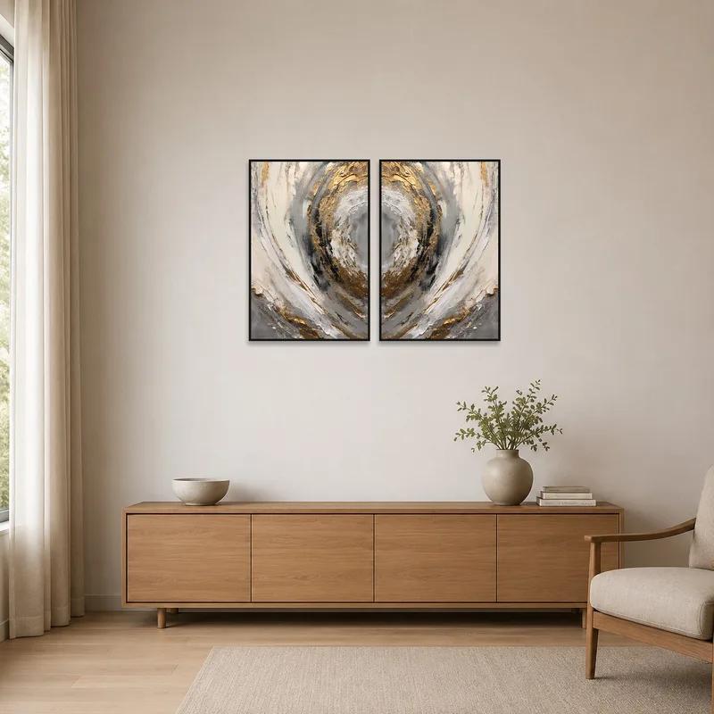 Minimalist room featuring Abstract Swirl Dual Piece with Gold Accents on a white wall.