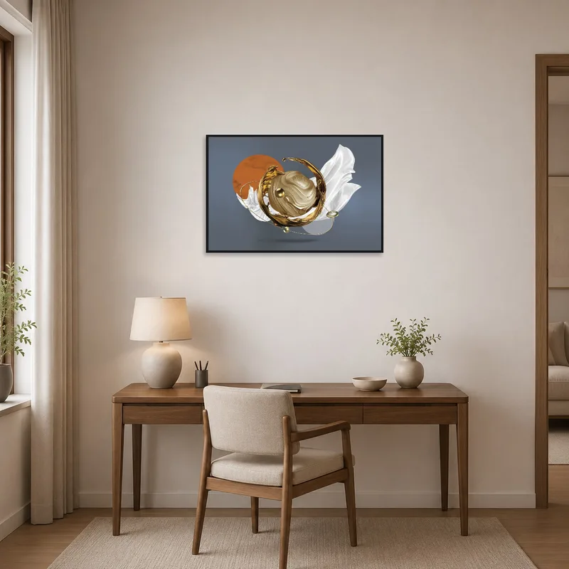 Abstract swirl enhances creativity in a home office.