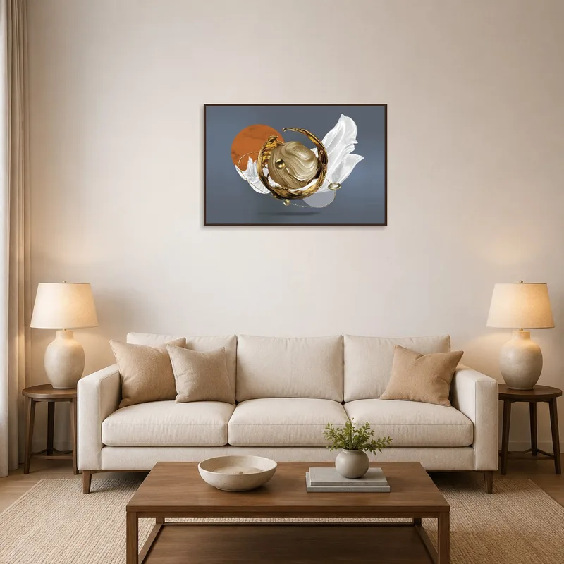 Abstract swirl artwork above a modern living room sofa.