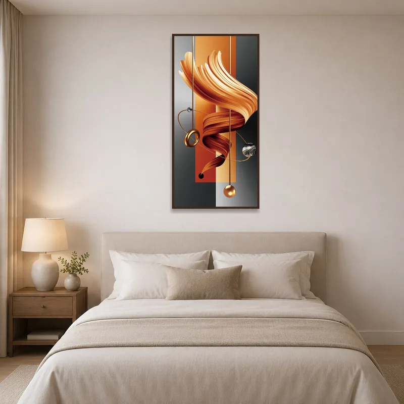 Abstract swirling art brightens a bedroom wall, complementing the serene setting.