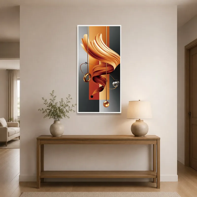 Abstract swirling gradient art piece welcomes guests in an elegant entrance hall.