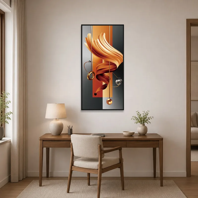 Gradient geometric art adding color to a home office, enhancing a creative workspace.