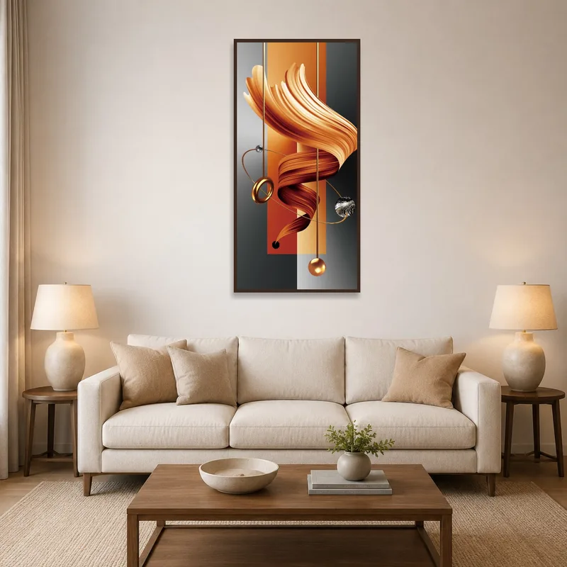 Abstract geometric art with swirling gradients on a living room wall above a modern sofa.