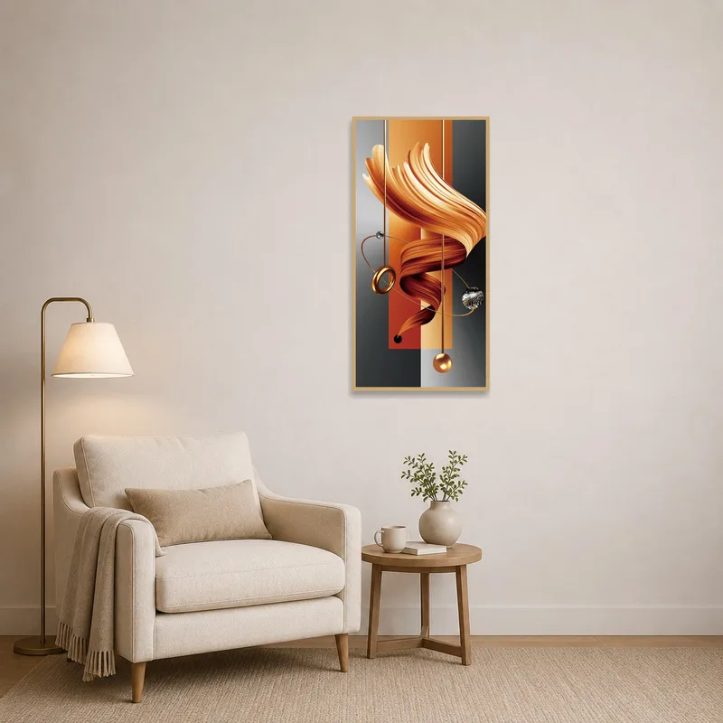 Geometric art with gradients hanging in a cozy reading corner beside a comfy chair.