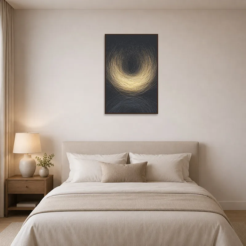 Bedroom wall adorned with golden swirling abstract art above the bed.