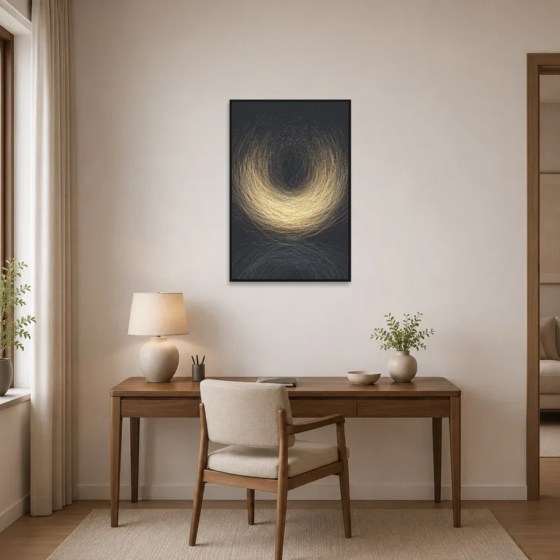 Abstract art with golden tones energizes the home office space.