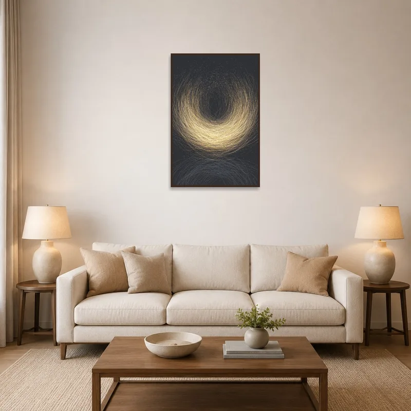 Golden abstract art on the living room wall complements a cozy seating area.