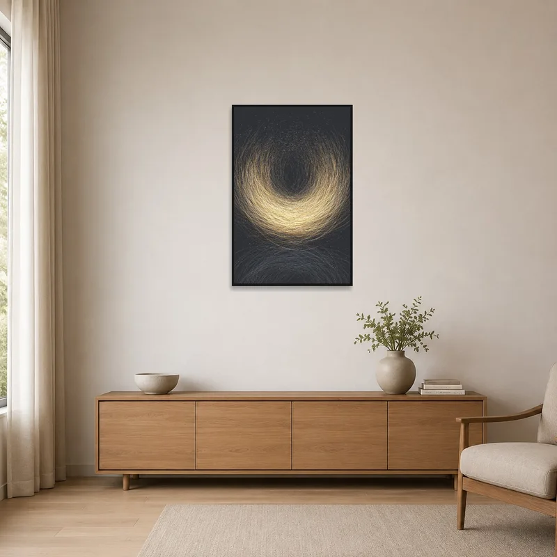 Minimalist room highlights golden abstract art with sparse furnishings.