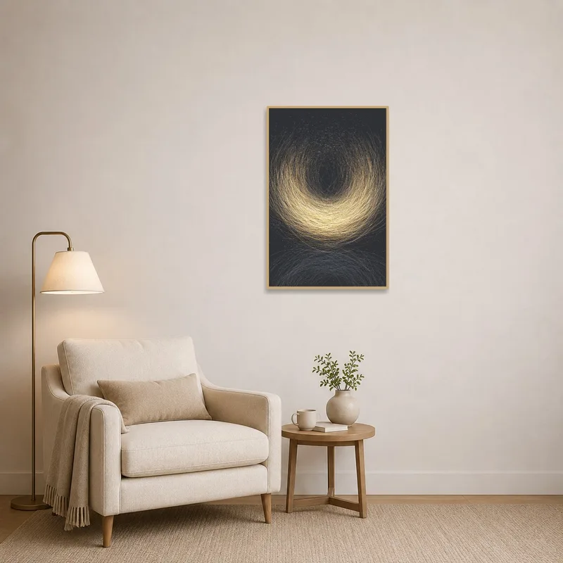 Golden swirling abstract art adds interest to the reading corner ambiance.