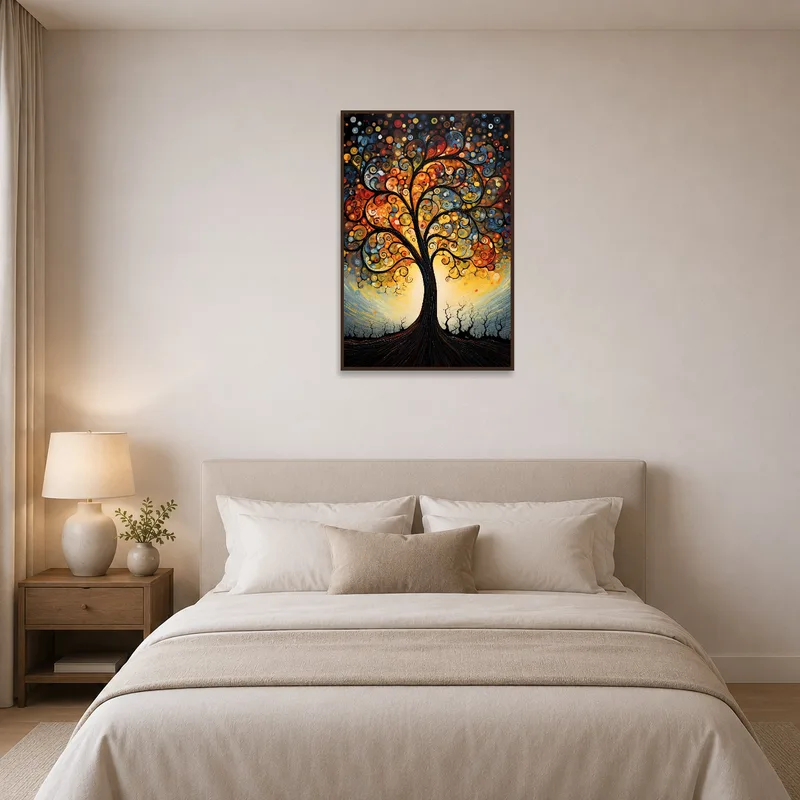 Abstract Tree of Life art displayed in a serene bedroom.