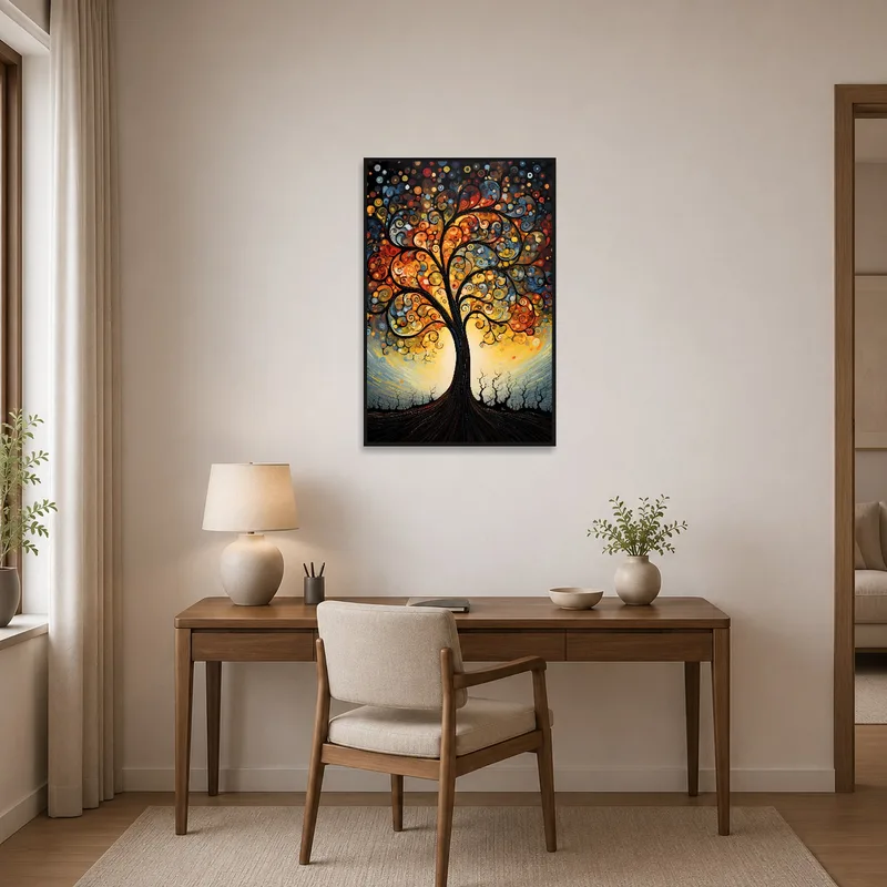 Tree of Life print brings creativity to a home office.