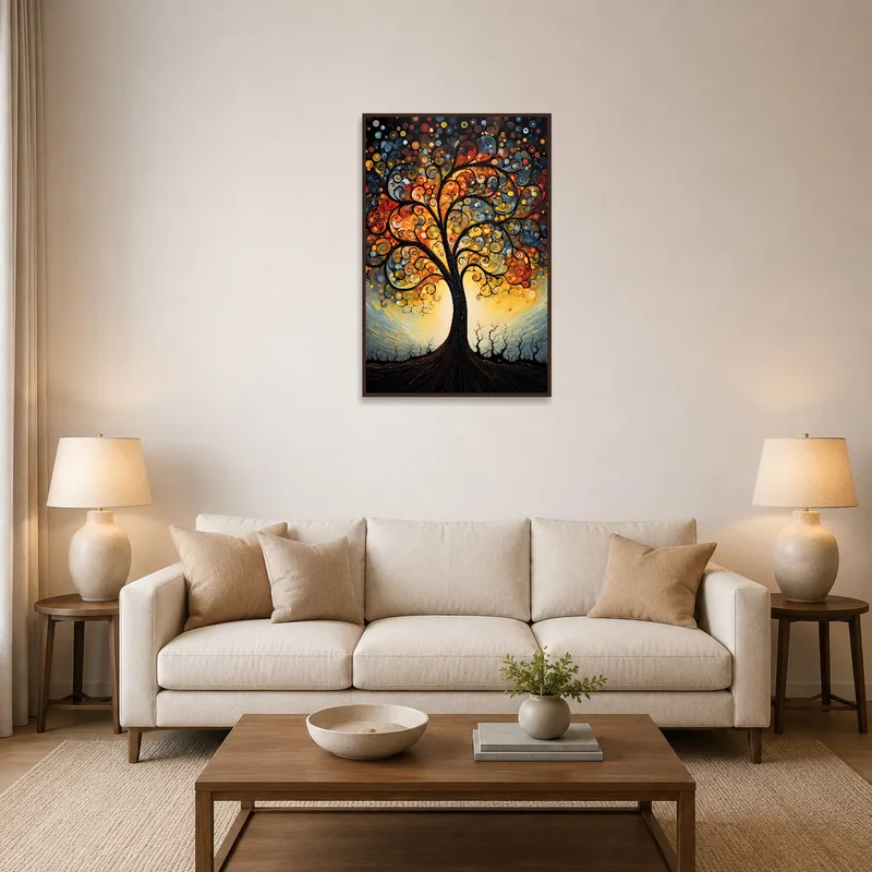 Swirling Tree of Life art print above a modern sofa in a living room.