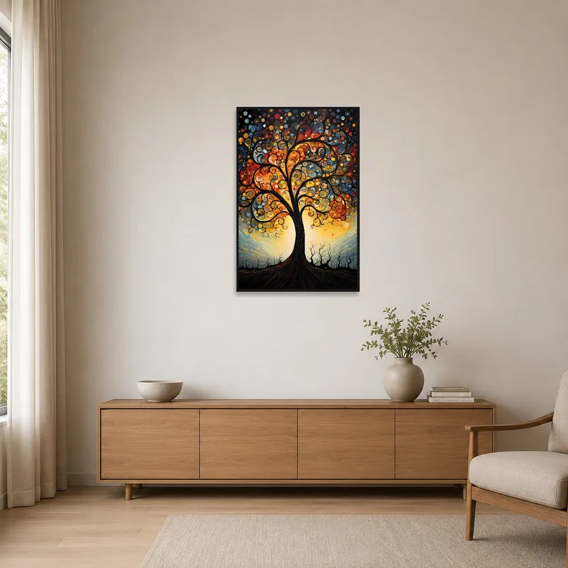 Tree of Life art print on a white wall in a minimalist space.