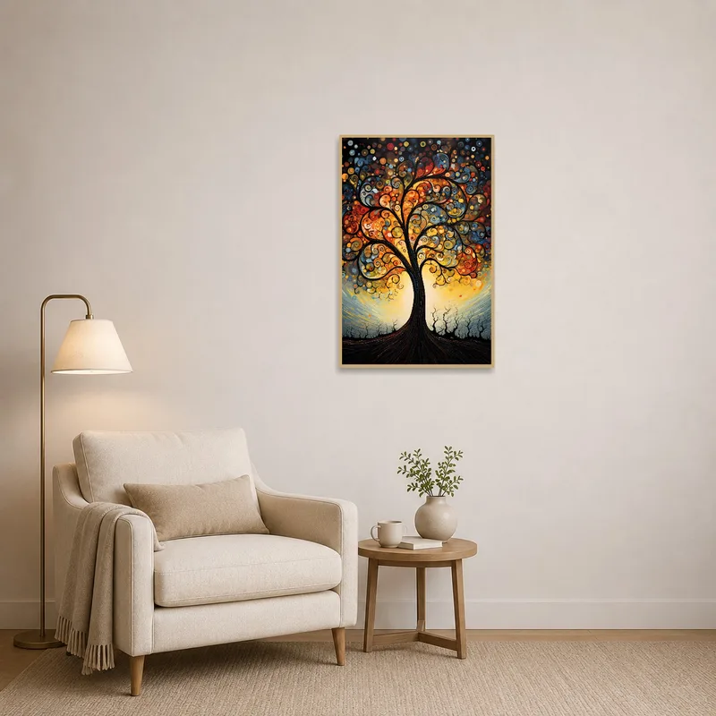 Art print of a swirling tree in a cozy reading corner.