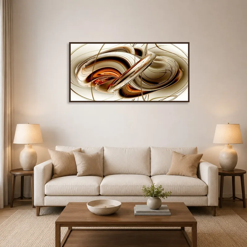 Earthy toned abstract swirls enhance the living room's cozy ambiance.