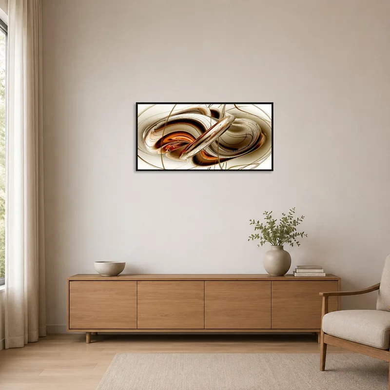 Minimalist room with abstract swirl art in earthy hues on the wall.