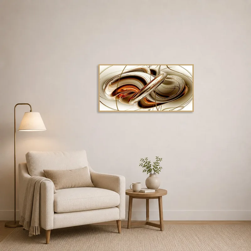 Reading corner complemented by abstract earthy swirl art.