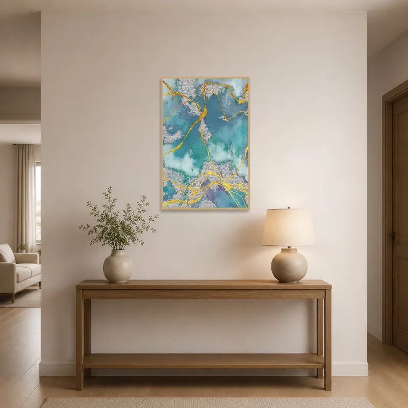Abstract art piece showcasing teal and gold tones in a welcoming entrance hall.